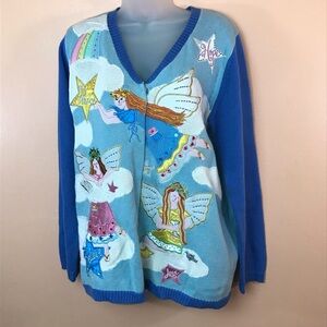 Quacker Factory Pastel Angel Peace Love Applique Cardigan Sweater Women S